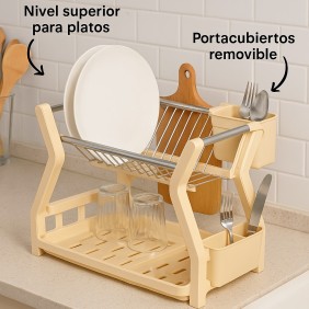 Escurridor Plastico De Vajillas 2 Niveles Beige 30*24*33 cm